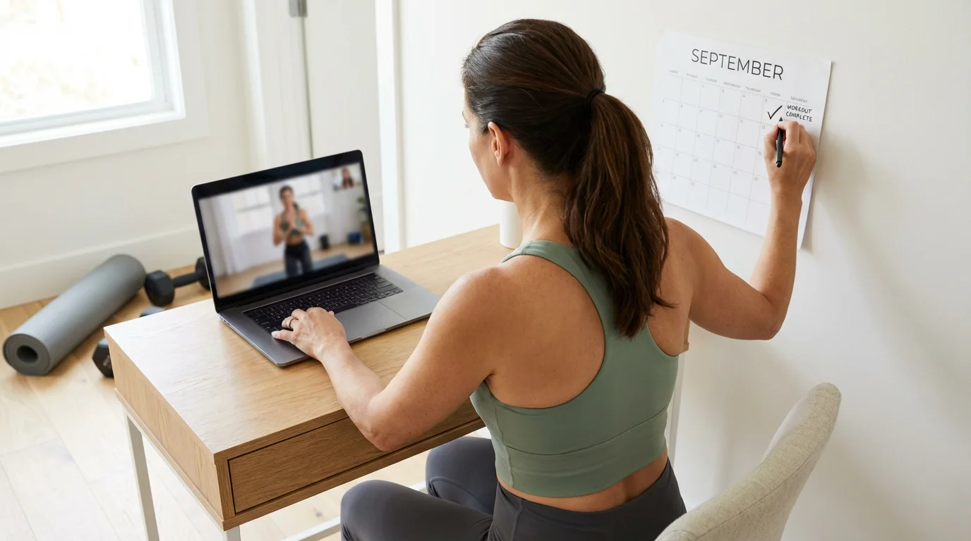 A woman marks her workout on a wall calendar after finishing a virtual fitness class.