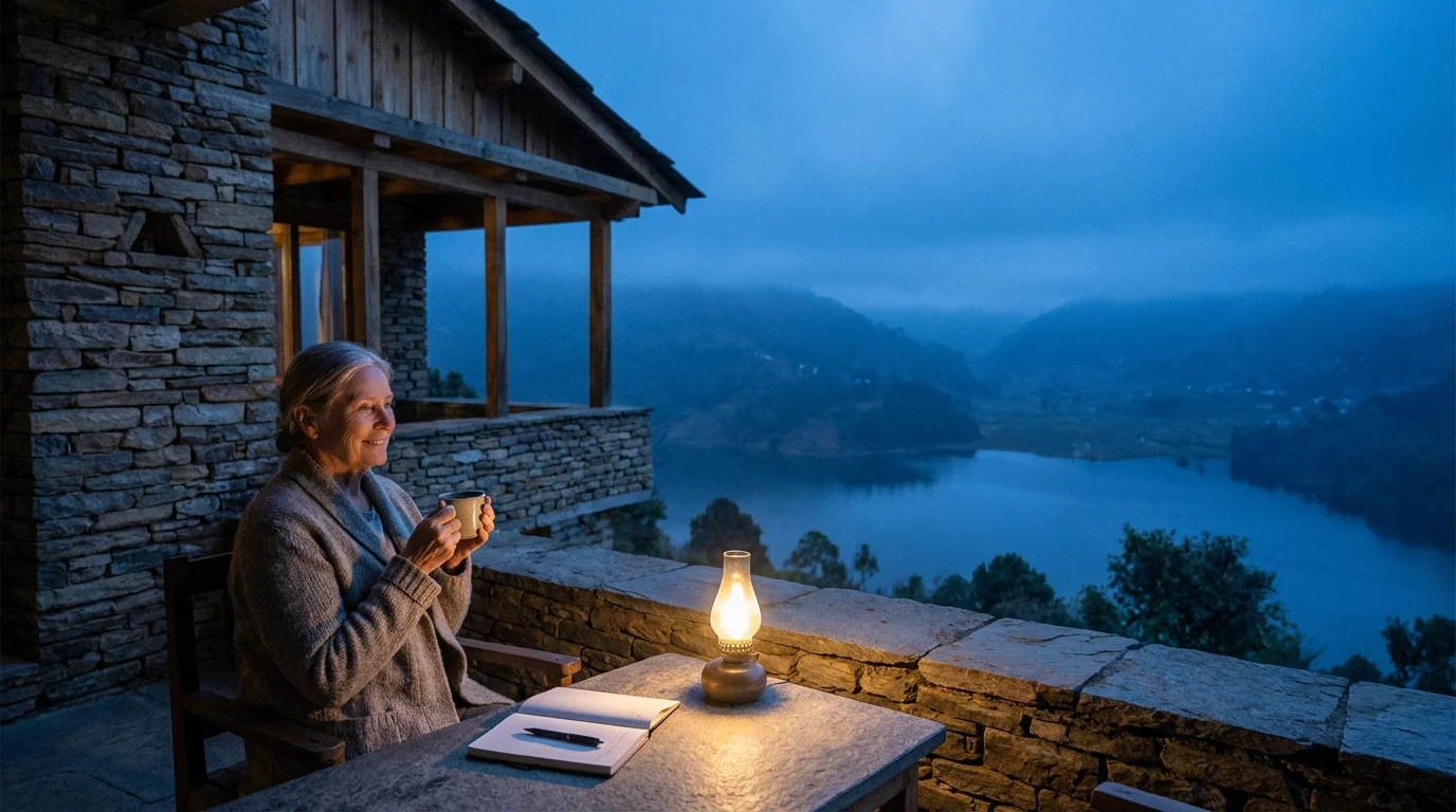 A woman on a quiet eco-lodge terrace at dusk looking over a misty lake valley.