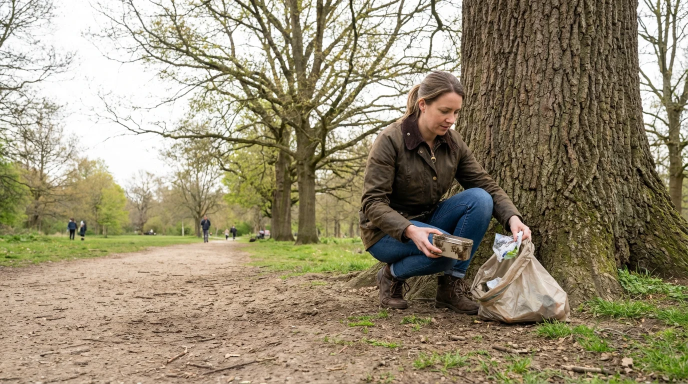 A woman practices responsible geocaching by picking up litter in a public park.