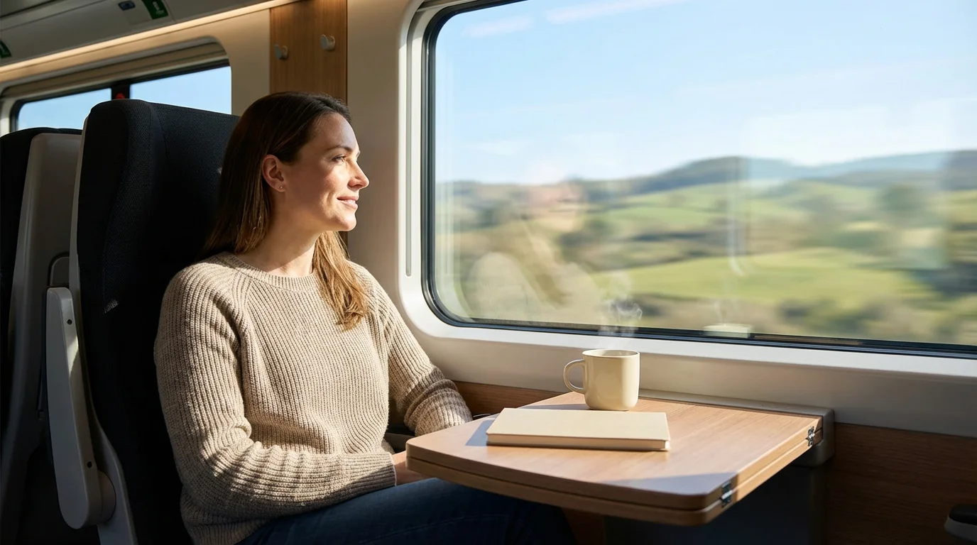 A woman relaxes on a scenic train journey, looking out the window at hills.