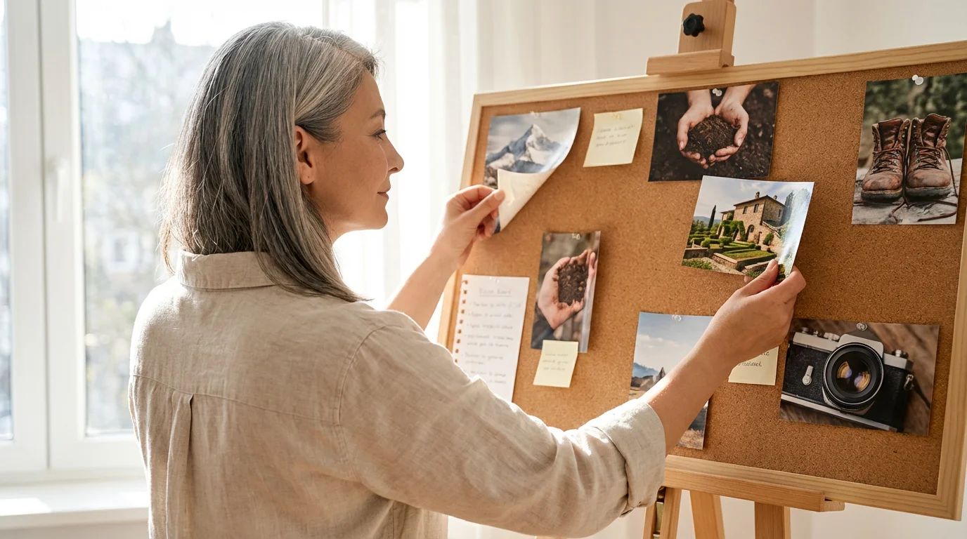 A woman seen from over her shoulder, updating her retirement vision board in a sunlit room.