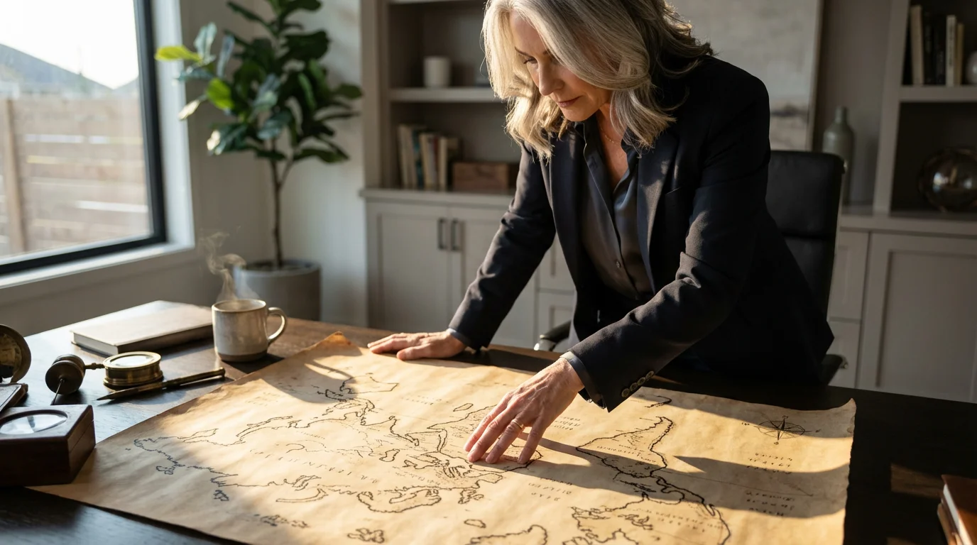 A woman seen from over-the-shoulder, planning her next destination on a large world map.