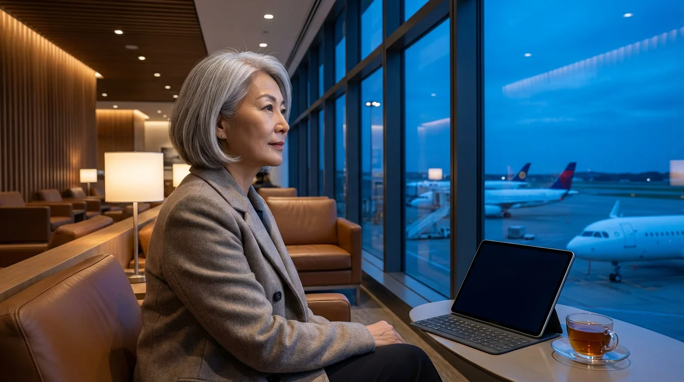 A woman sits in a modern airport lounge at dusk looking out at airplanes.