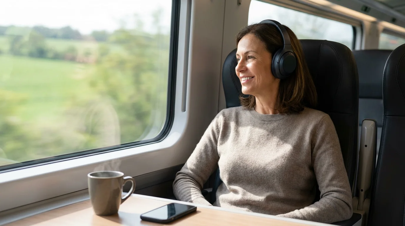 A woman wearing headphones relaxes on a train, with a smartphone on the table.