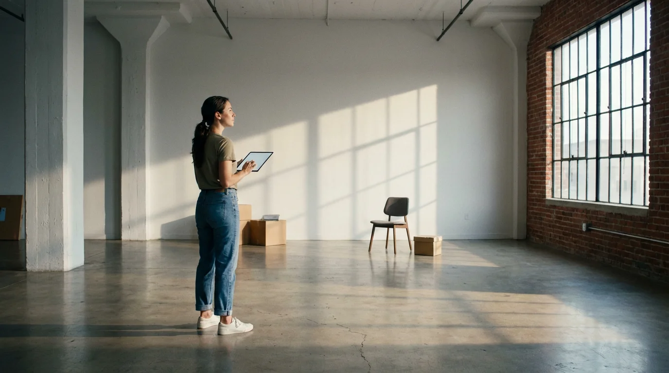 A woman with a tablet thoughtfully plans the design of her spacious, minimalist loft apartment.