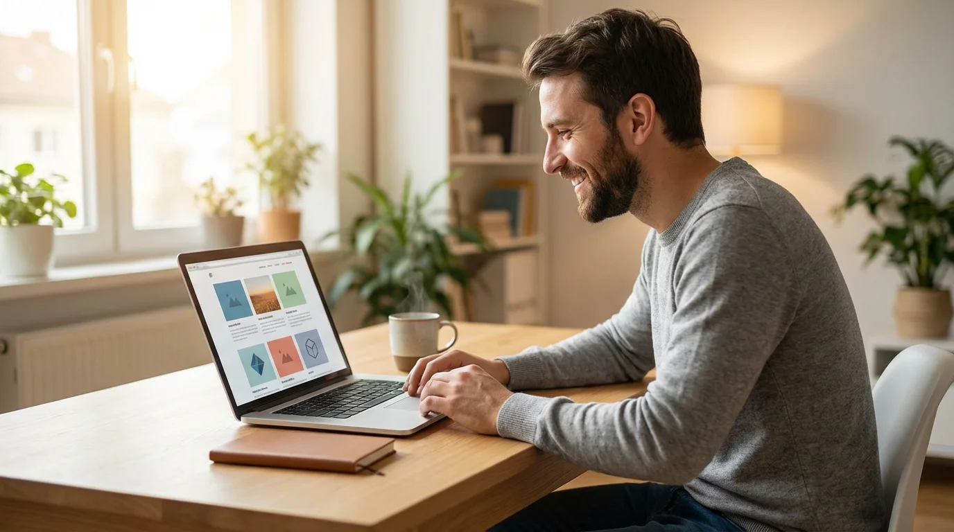 A young man at a desk with morning light, creating his personal website on a laptop.