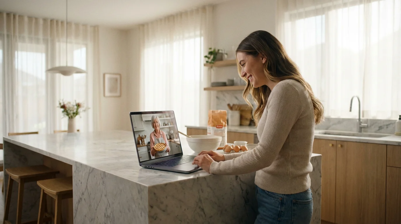 A young woman and her grandmother baking together over a video call in separate kitchens.