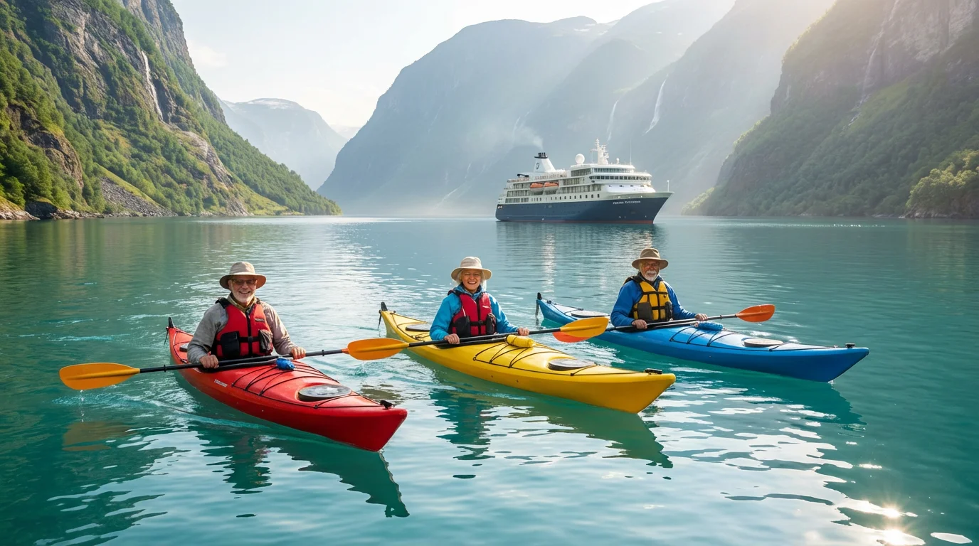 Active seniors kayaking in a scenic, remote fjord with their expedition cruise ship anchored nearby.