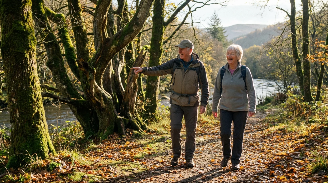 An active senior couple happily geocaching on a beautiful, tree-lined path in the afternoon.