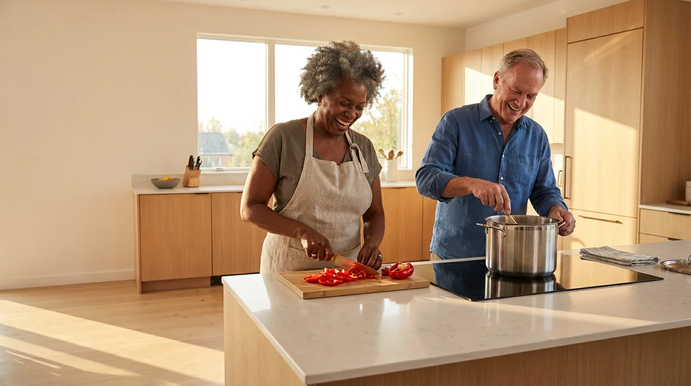 An active senior couple laughing and cooking together in a modern, sunlit kitchen.
