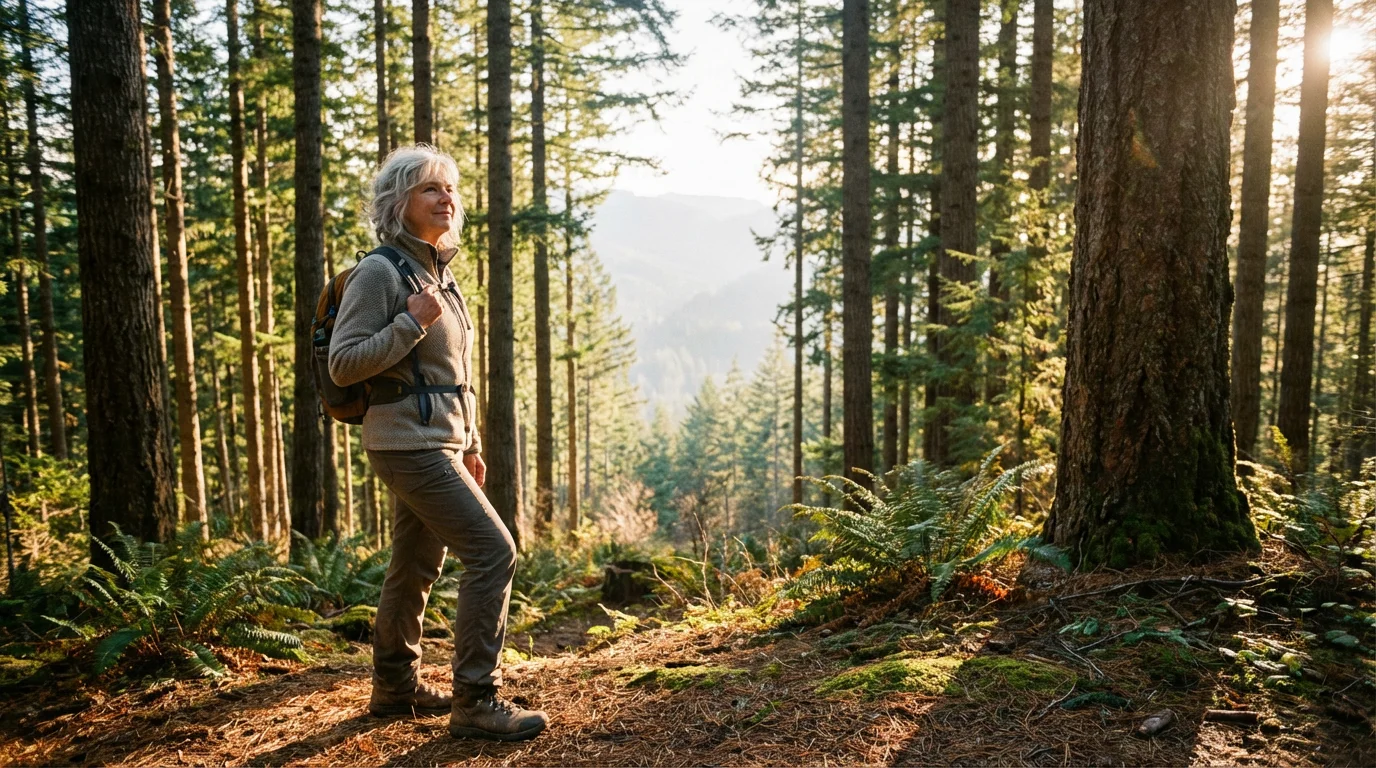 An active senior woman with silver hair pausing to enjoy a scenic mountain vista.