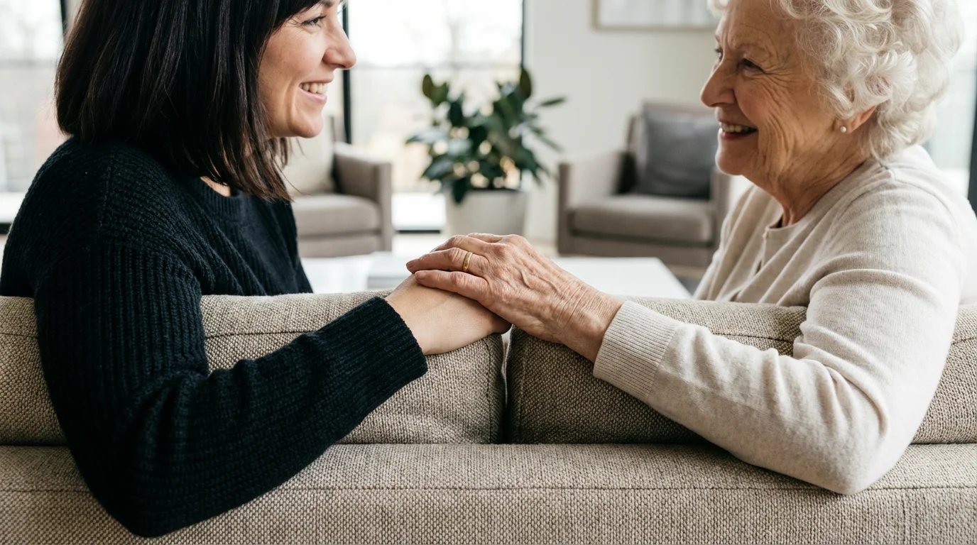 An adult daughter holding her elderly mother's hand, both smiling in a bright room.