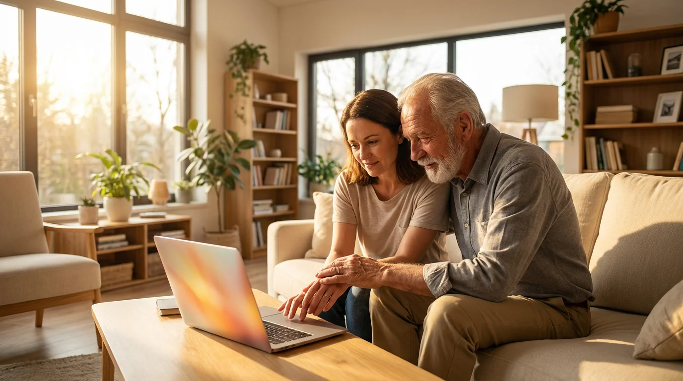 An elderly father and daughter together with a laptop in a sunlit living room.