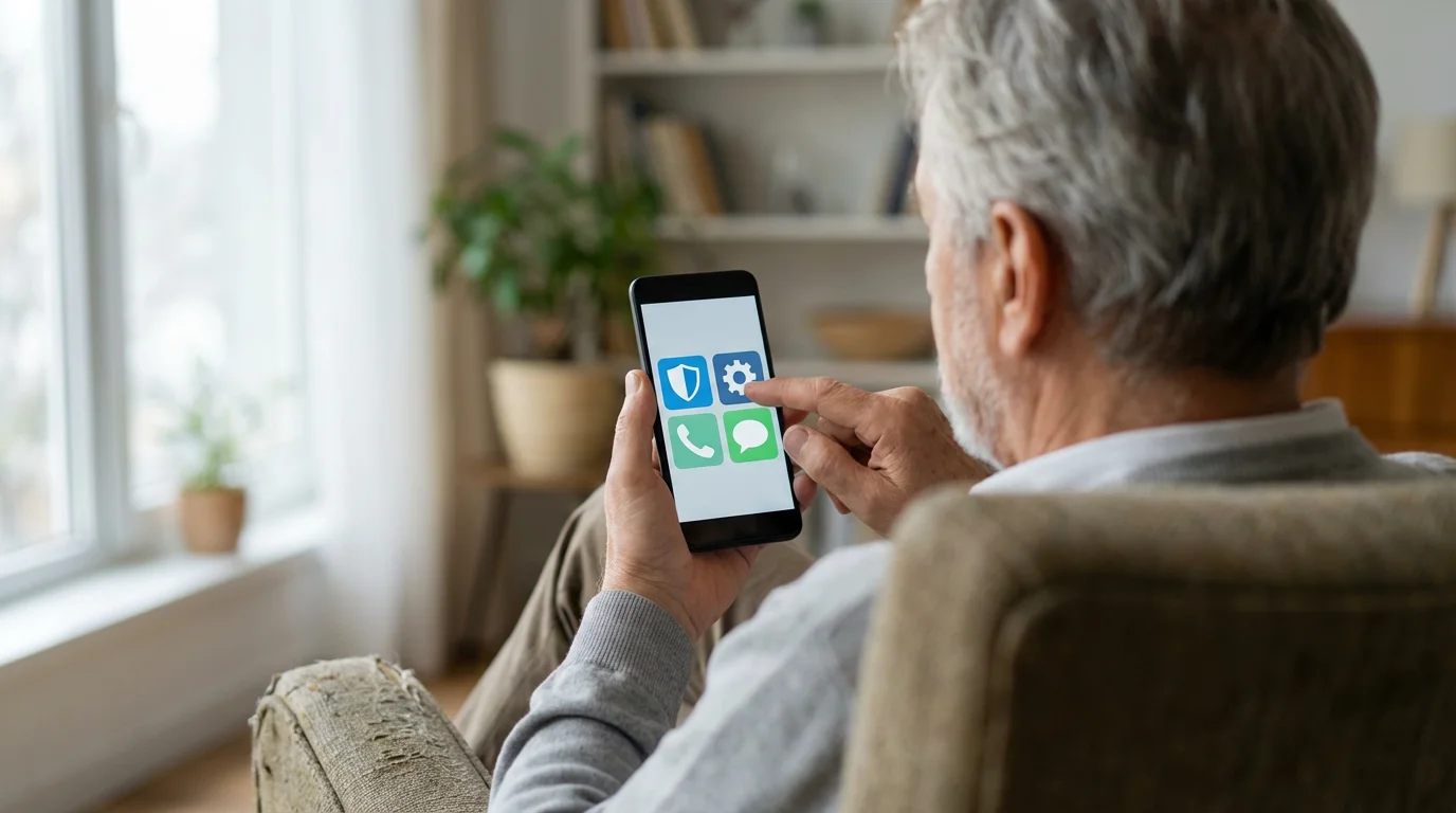 An elderly man holding a smartphone, about to tap a large security shield icon.