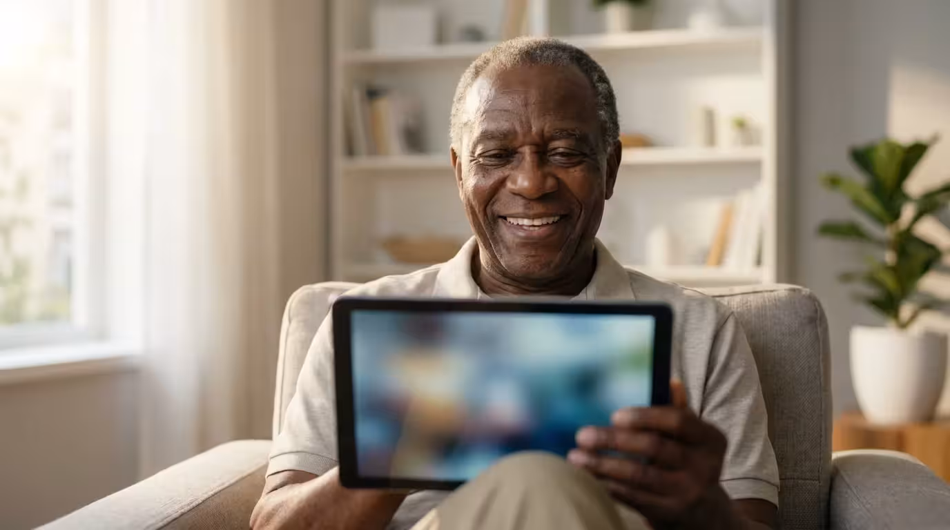 An elderly man smiling warmly while having a video call on a tablet at home.