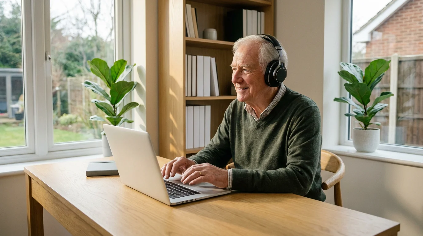 An elderly man using a laptop with headphones in a bright, sunlit home office.
