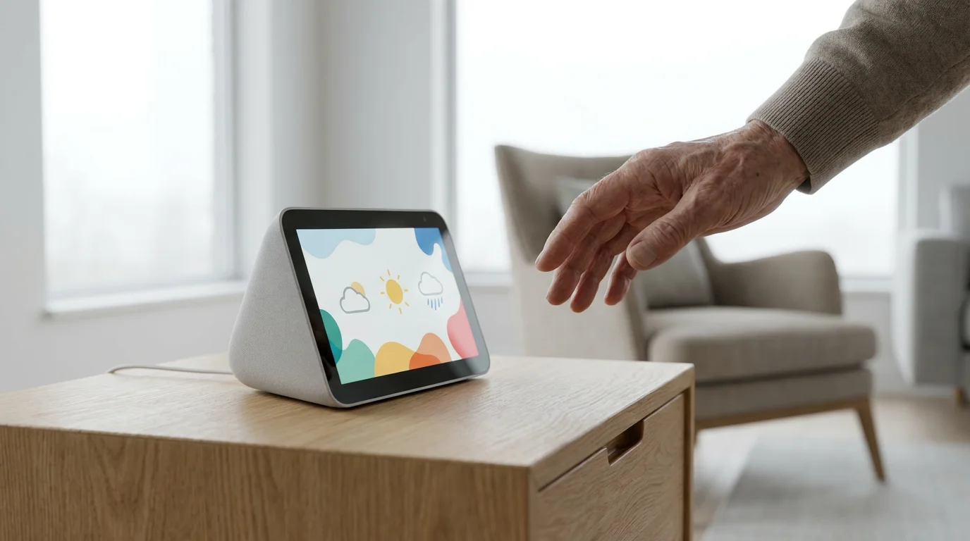 An elderly man's hand gesturing towards a smart home hub device on a living room table.