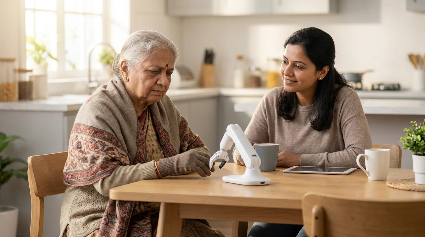 An elderly woman and a younger caregiver thoughtfully consider a robotic device at a table.