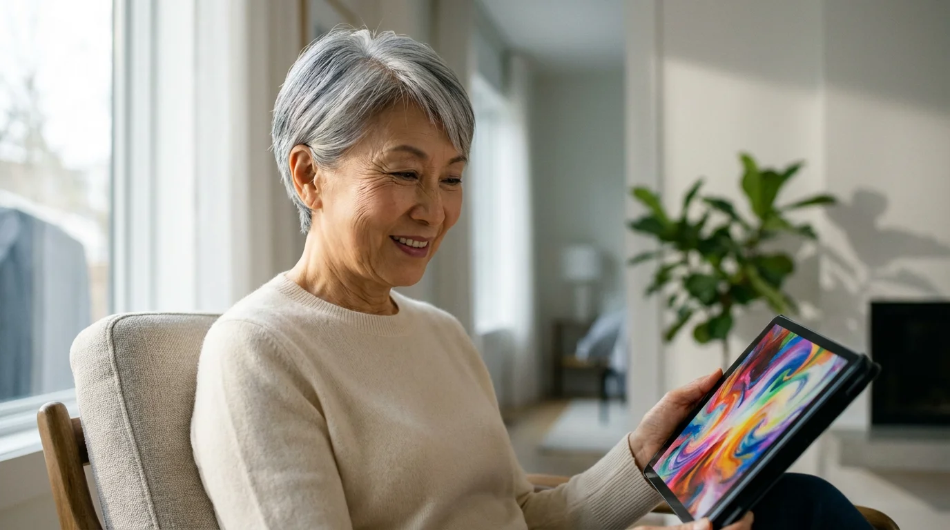 An elderly woman in a modern living room uses a tablet for a virtual tour.