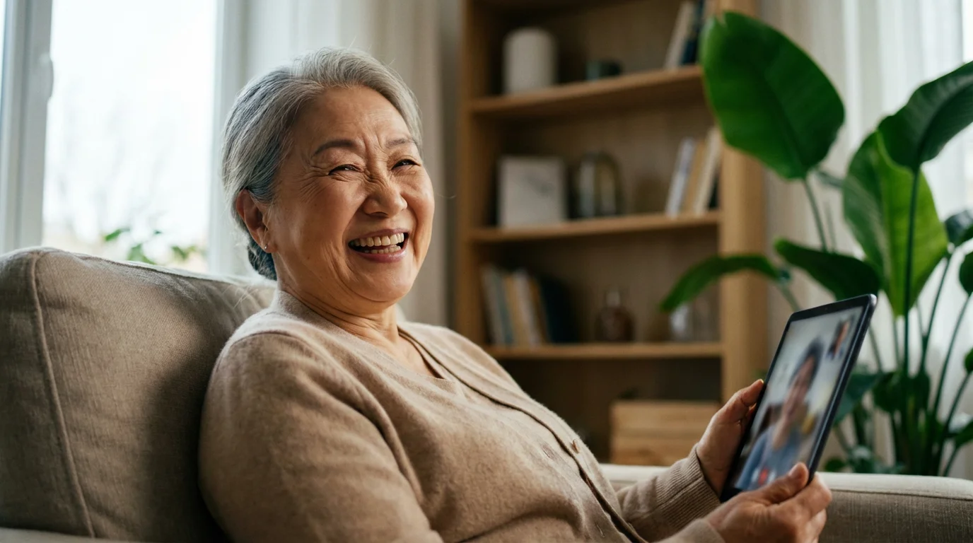 An elderly woman laughs happily while using a tablet for a video call.