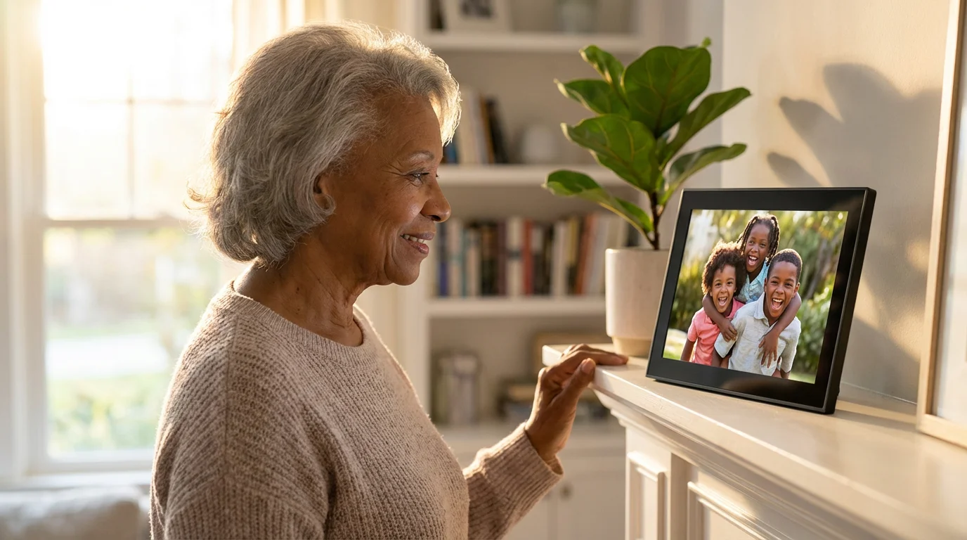 An elderly woman smiling at a digital photo frame displaying a picture of her grandchildren.