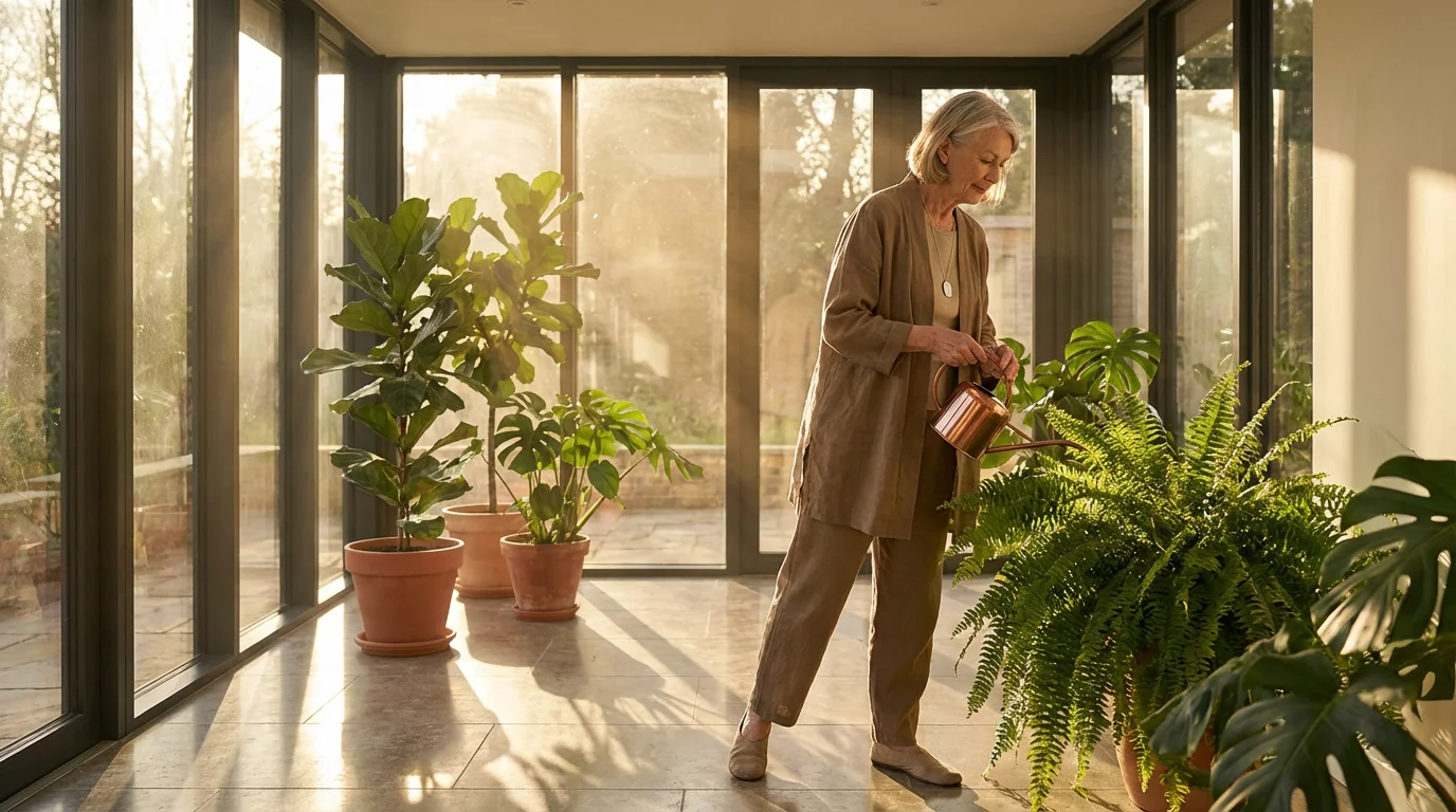 An elderly woman wearing a fall detection pendant waters plants in a sunlit room.