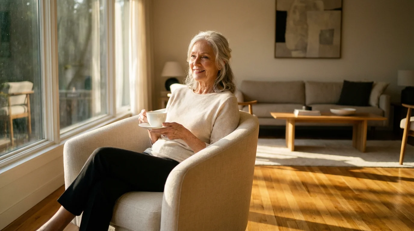 An elegant senior woman relaxes with tea in her modern, sunlit, renovated living room.