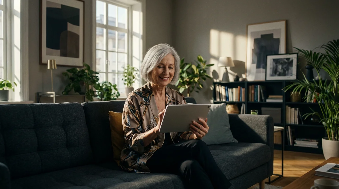 An elegant senior woman uses a smart home tablet in her modern living room.