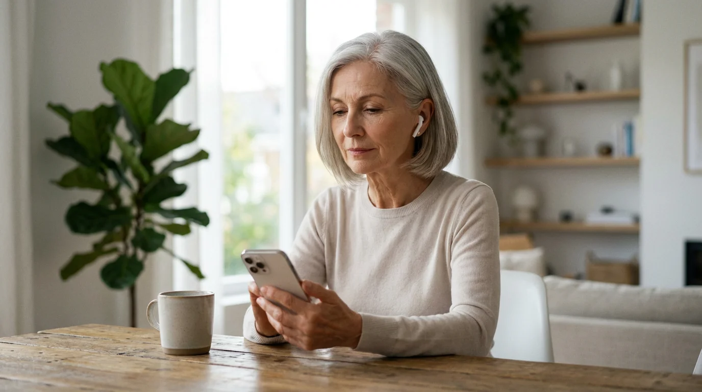 An elegant senior woman uses a smartphone with an earbud for assistive technology.