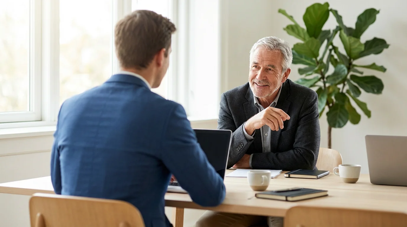 An experienced senior consultant mentoring a younger professional in a modern, sunlit office.