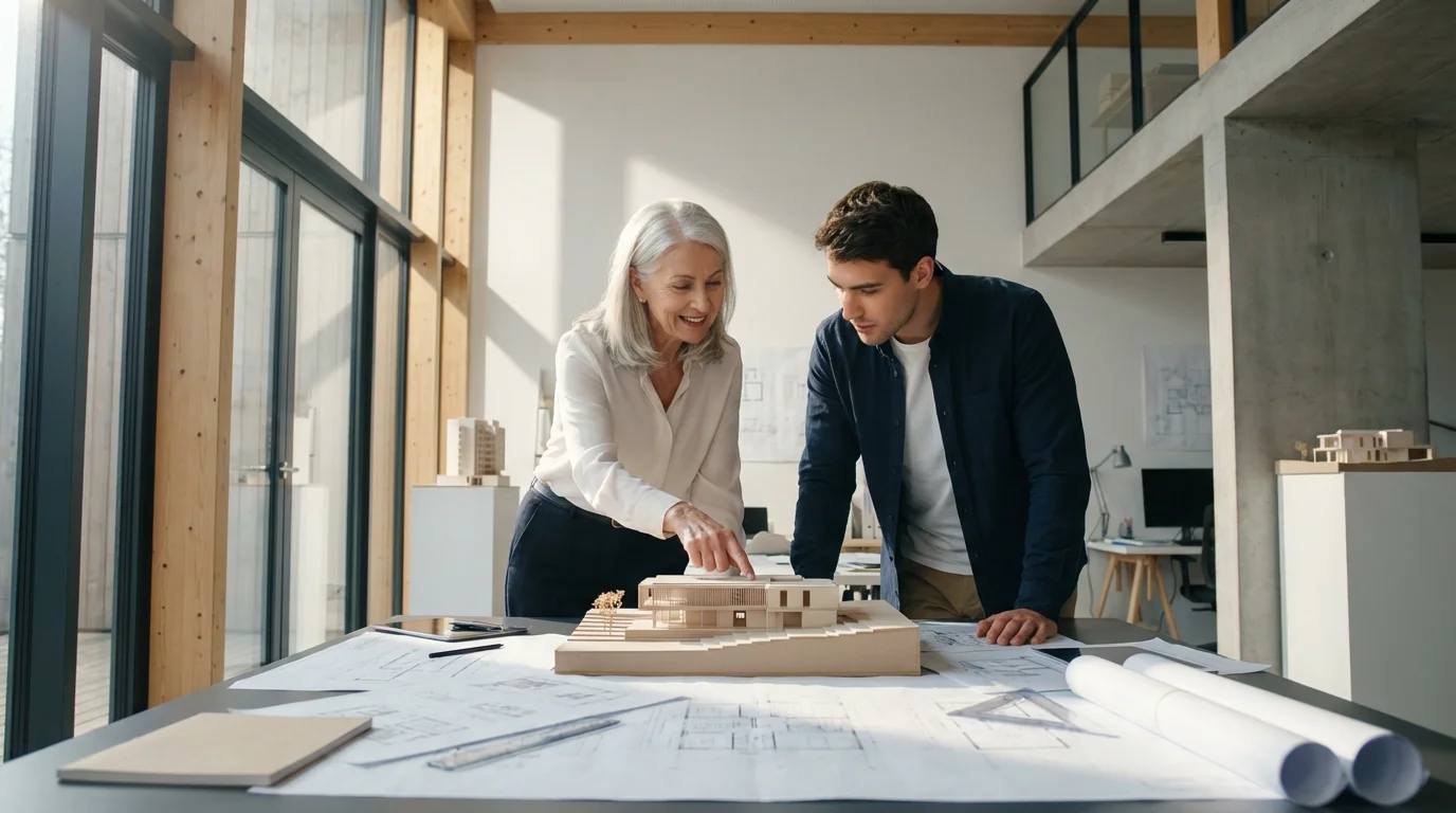 An experienced senior woman mentors a young man over an architectural model in a sunlit studio.
