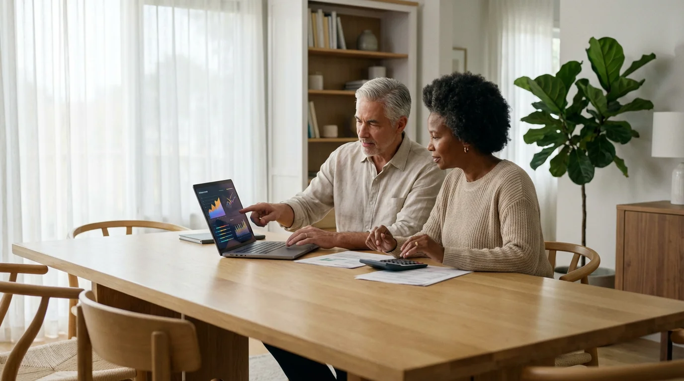 An older couple calmly managing their finances together at home with a laptop and papers.