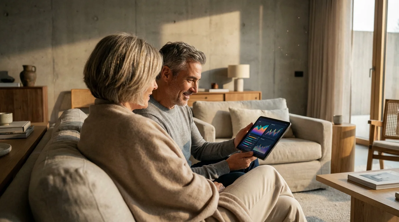 An older couple from an over-the-shoulder view reviewing financial charts on a tablet.