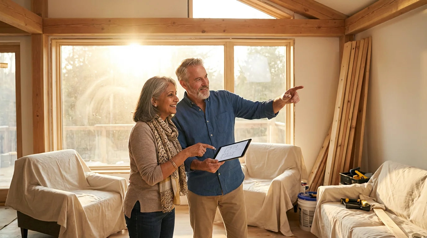 An older couple planning their home renovation in a sunlit living room using a tablet.