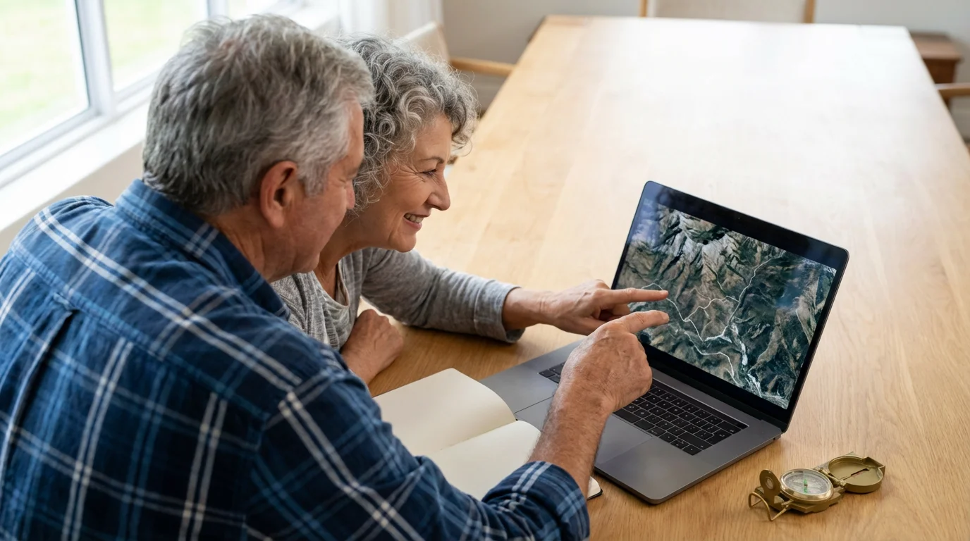 An older couple sits at a table, planning a backpacking trip on a laptop.