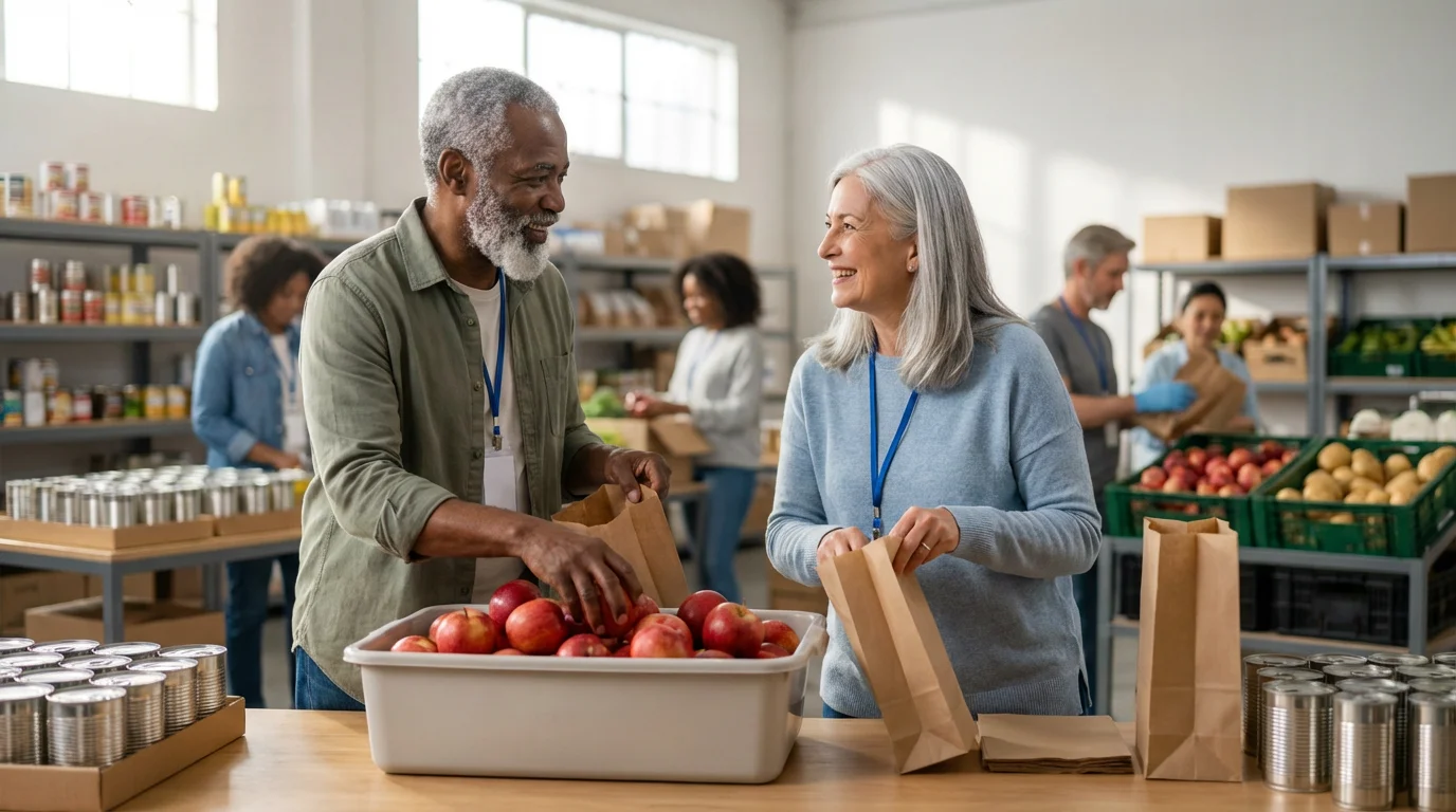 An older couple smiles while volunteering, sorting fresh apples at a community food bank.