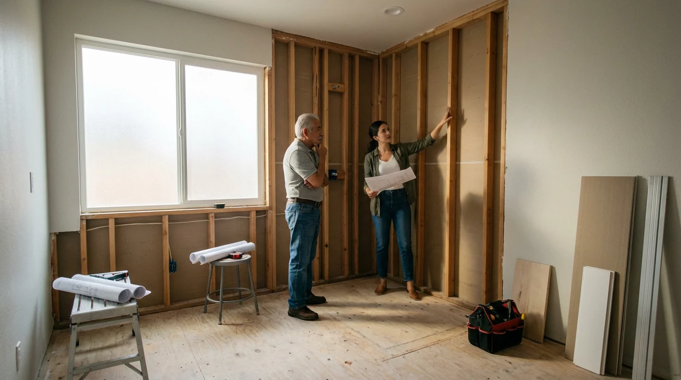 An older man and an architect plan an accessible, curbless walk-in shower renovation.