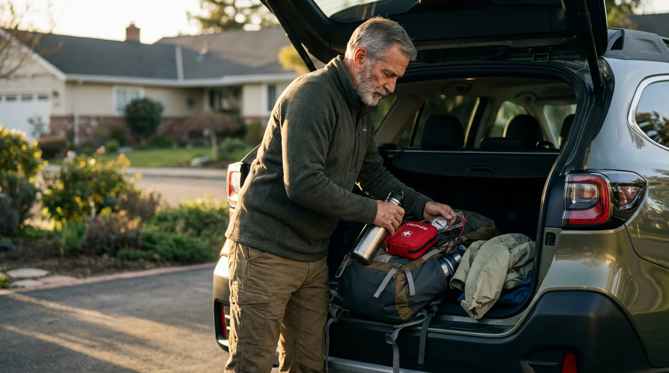 An older man thoughtfully packing hiking and safety gear into a backpack in his SUV.