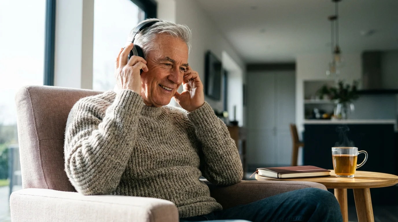 An older man wearing headphones smiles while learning a new language in a sunlit room.