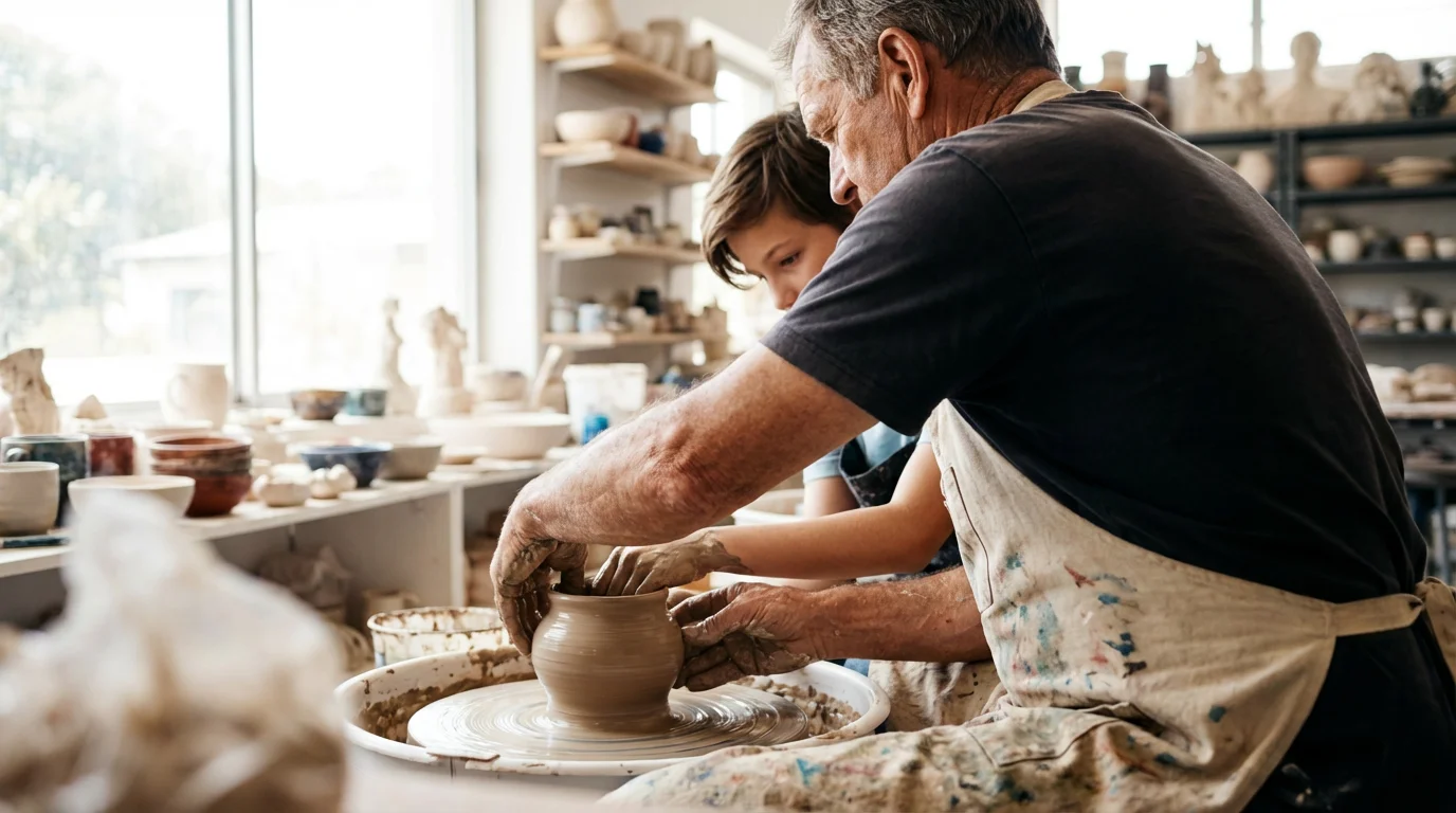 An older man's hands guiding a younger person's hands on a pottery wheel.