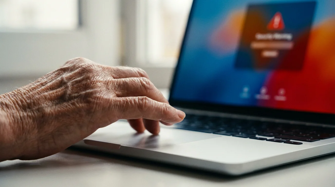 An older person's hand pausing before clicking on a laptop, representing online security caution.