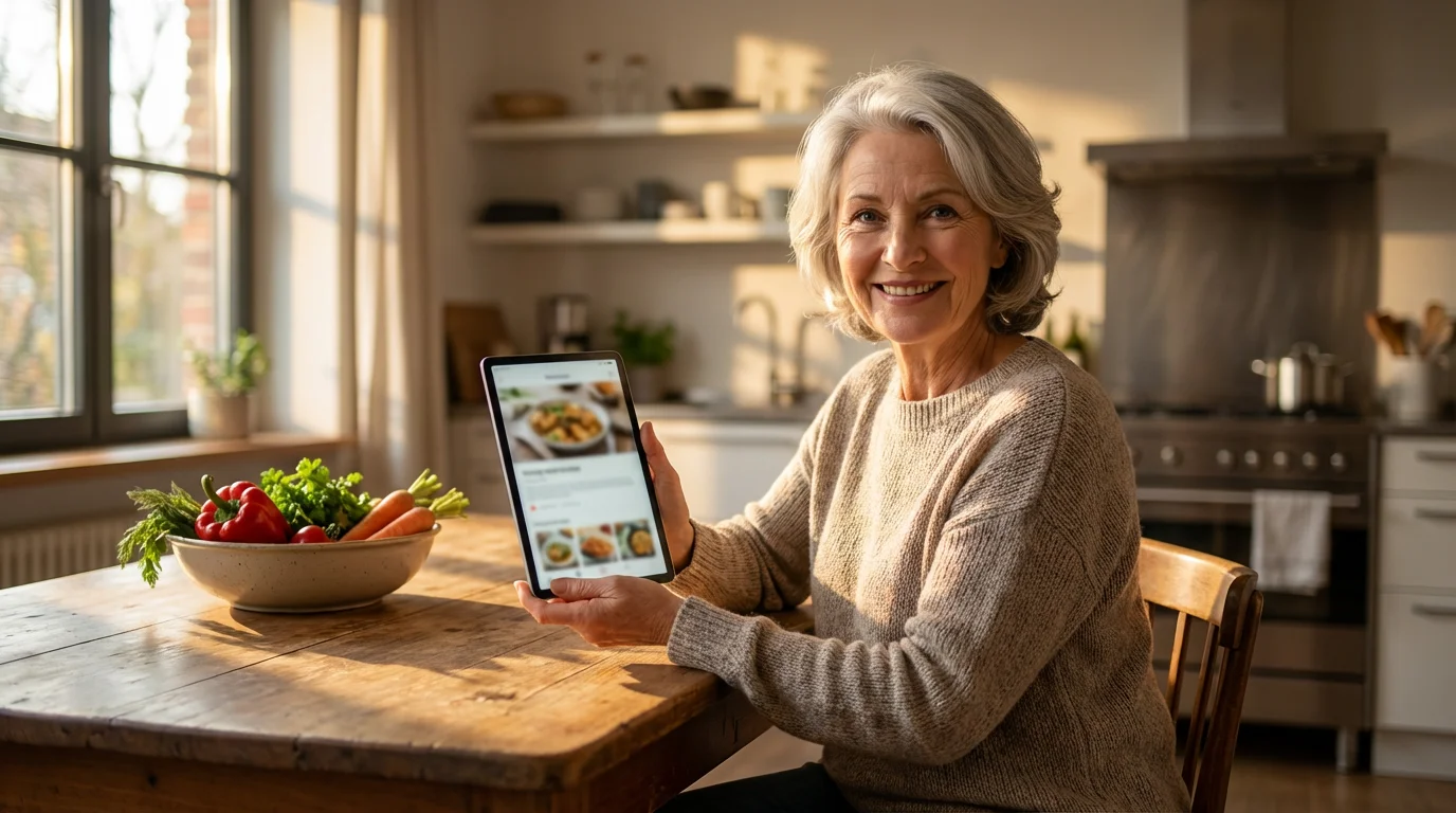 An older woman in a sunlit kitchen uses a tablet to look at a recipe.