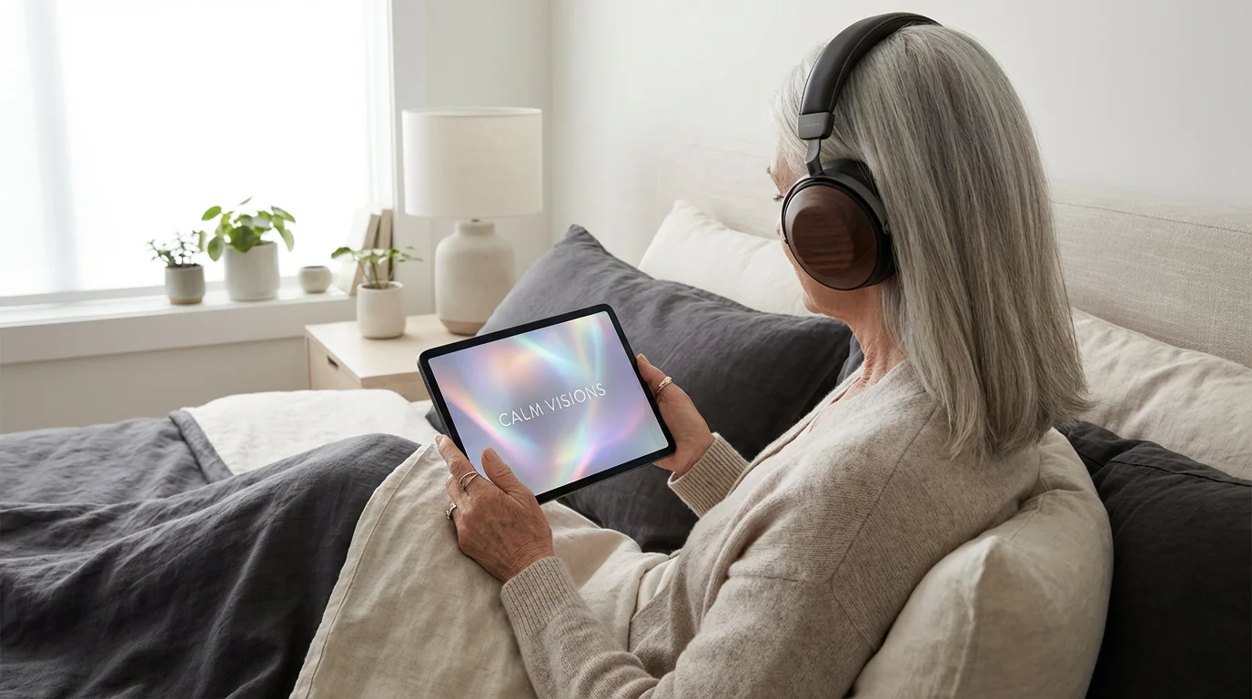An older woman in bed using a tablet and headphones for a guided meditation session.