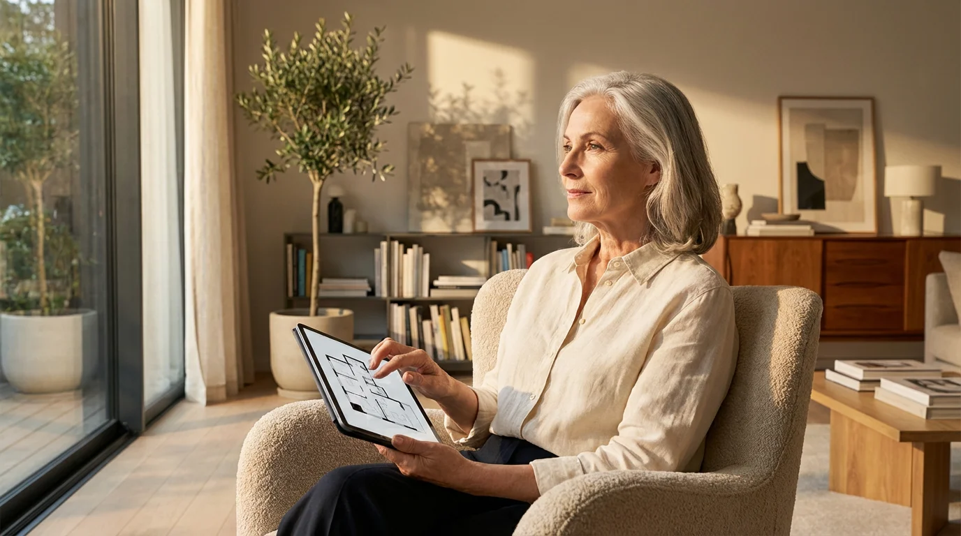 An older woman sits in a sunlit living room, planning home tech on a tablet.