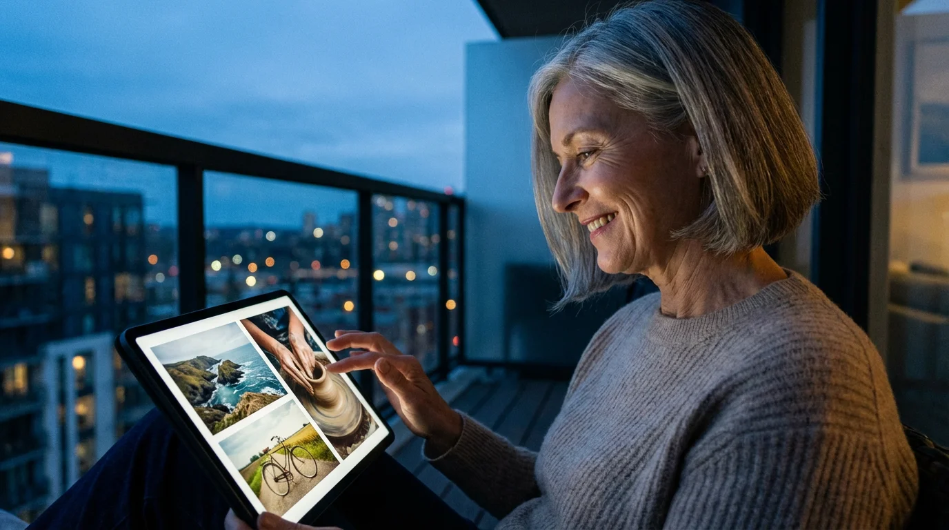 An older woman smiles while creating a digital retirement vision board on a tablet at dusk.