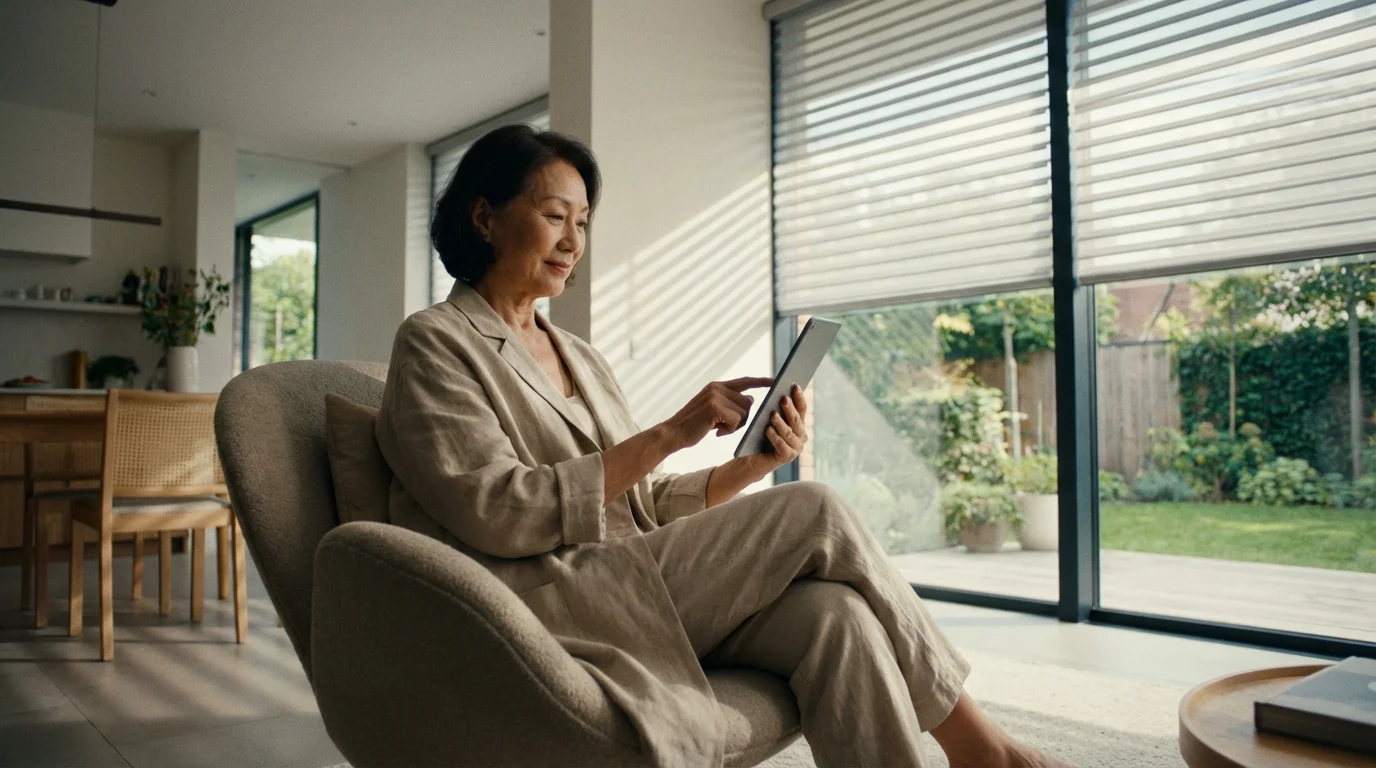An older woman uses a tablet to control smart blinds in her modern living room.