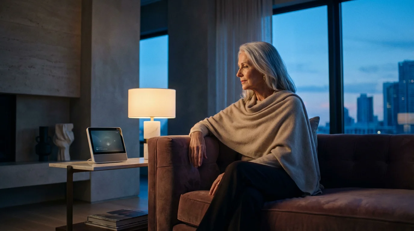 An older woman using a smart display in her modern living room at twilight.