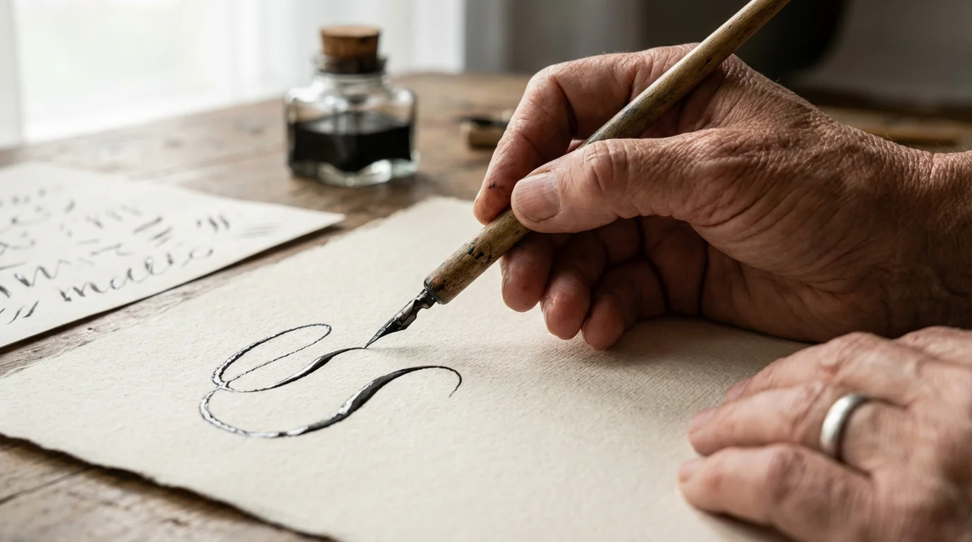 Close-up macro photo of a hand learning calligraphy with a traditional dip pen and ink.