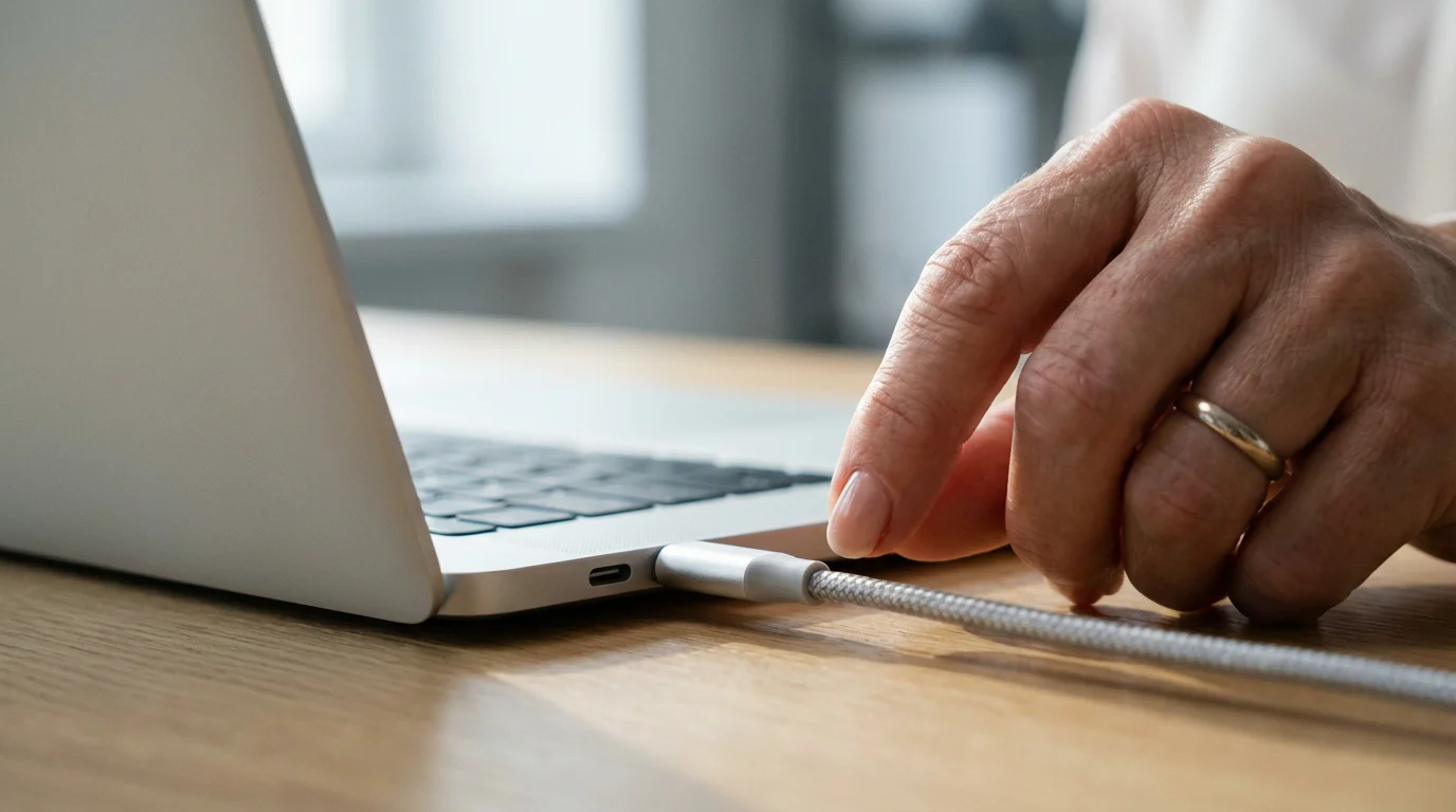 Close-up macro photo of a hand plugging a USB-C cable into a laptop.