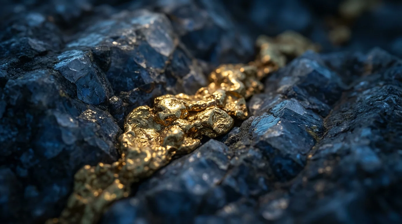Close-up macro photo of a raw gold nugget vein embedded in dark quartz rock.